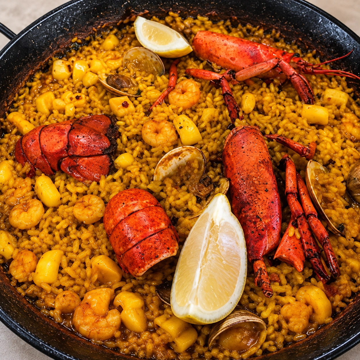 Paella de mariscos con langosta y limón